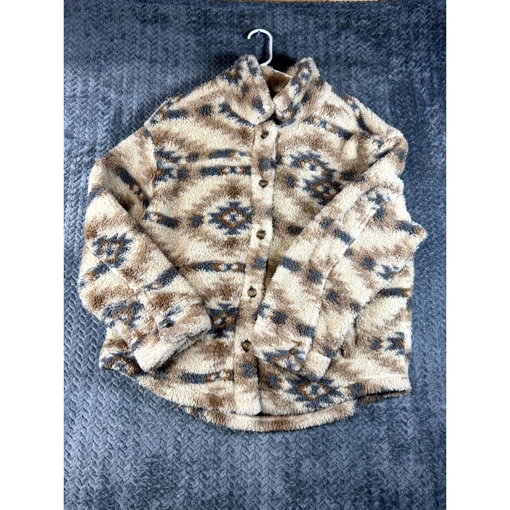 Lucky Brand Jacket Womens Medium Beige Aztec Button Front Sherpa Cozy Insulation